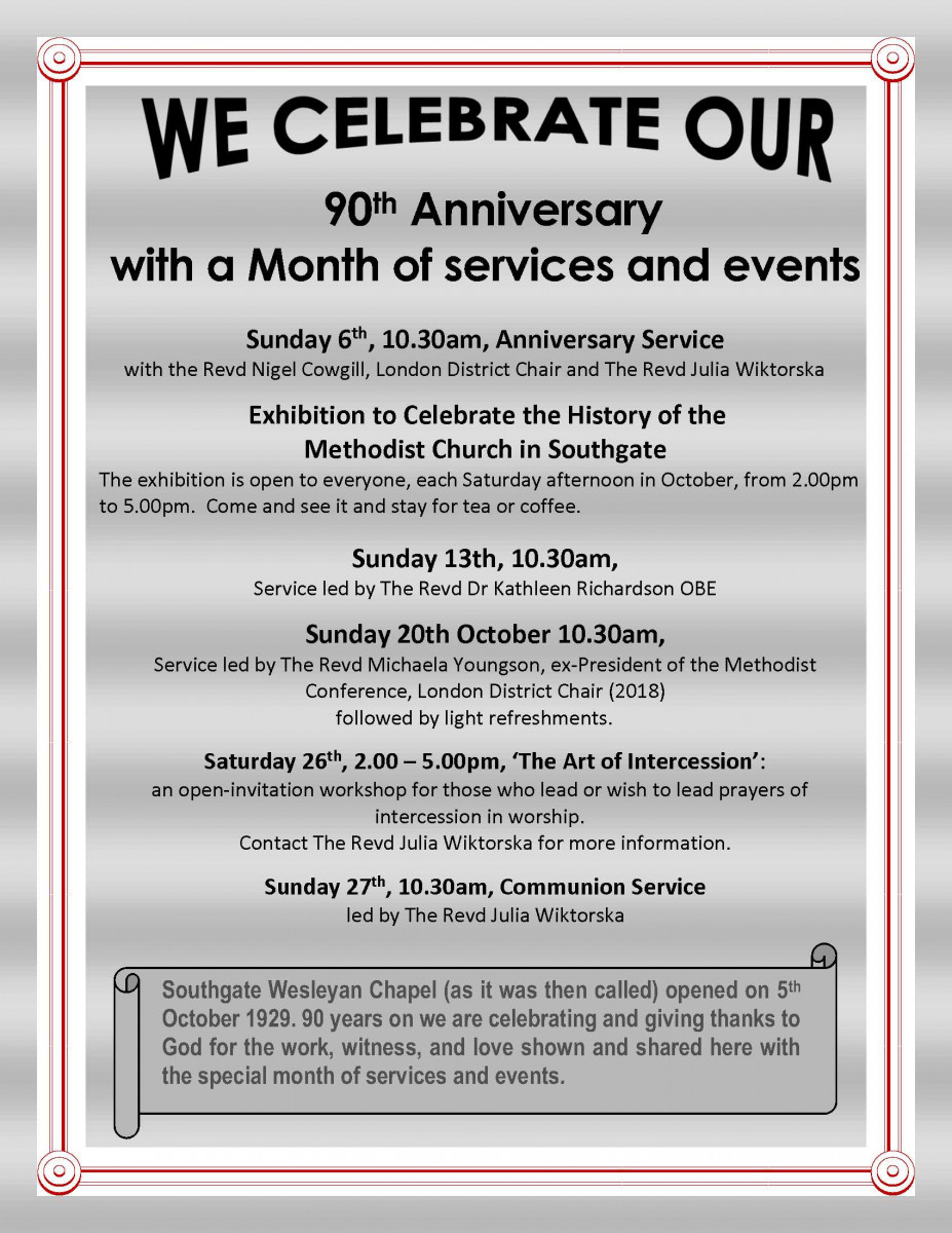 90th anniversary celebration with special services and events during the month of October.